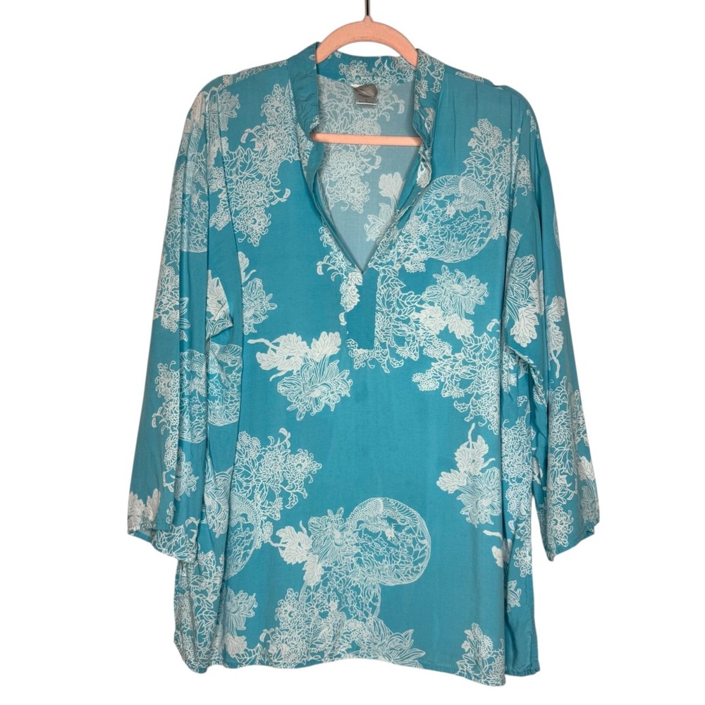 N Natori Size Large Women's Bright Sky Blue Tunic Kimono Top Split Neck Floral